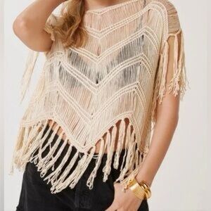 Anthropologie Beige Fringe Crochet Top
